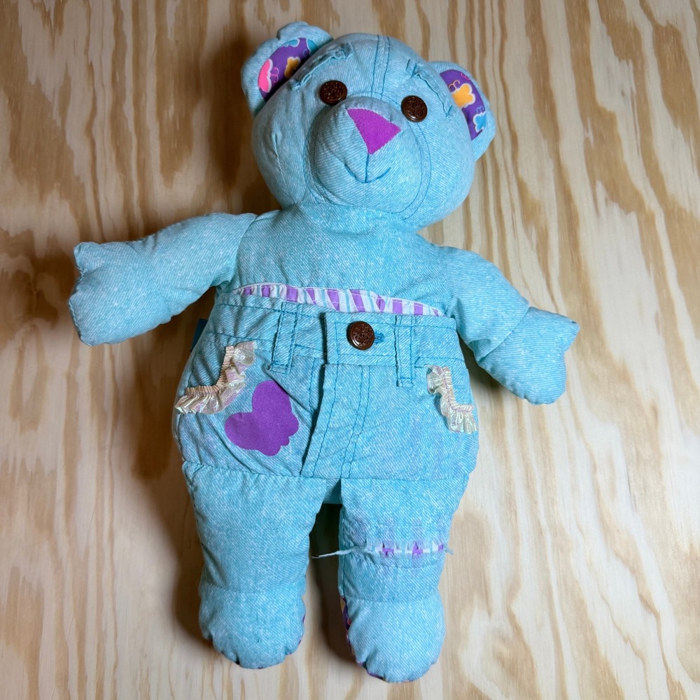 Vintage Doodle Bear Plush Light Blue Denim Purple Heart Butterfly 15 Inch 1995
